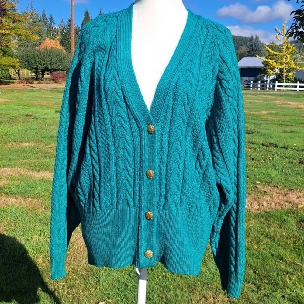 Pendleton Vintage Emerald Green Wool Cable Knit Cardigan Gold Crest Button Large